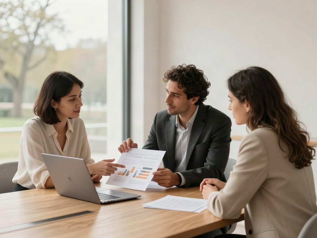 Consultants collaborating on charts and business performance reports during a strategy review